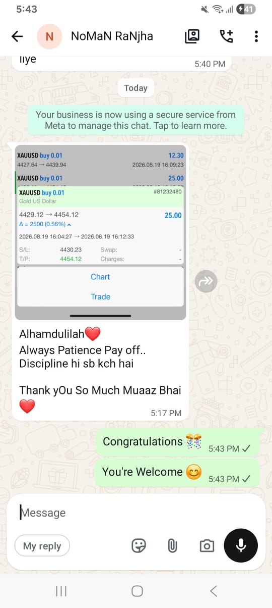 MuaazFX trading community feedback from a student — WhatsApp review 1 of the free forex and gold trading bootcamp