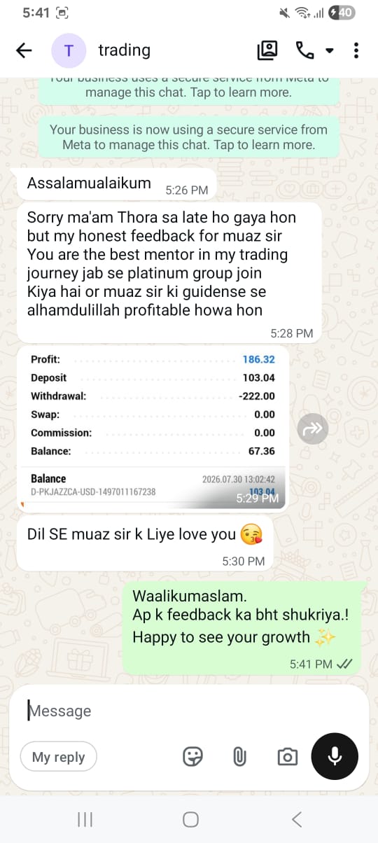 MuaazFX trading community feedback from a student — WhatsApp review 2 of the free forex and gold trading bootcamp
