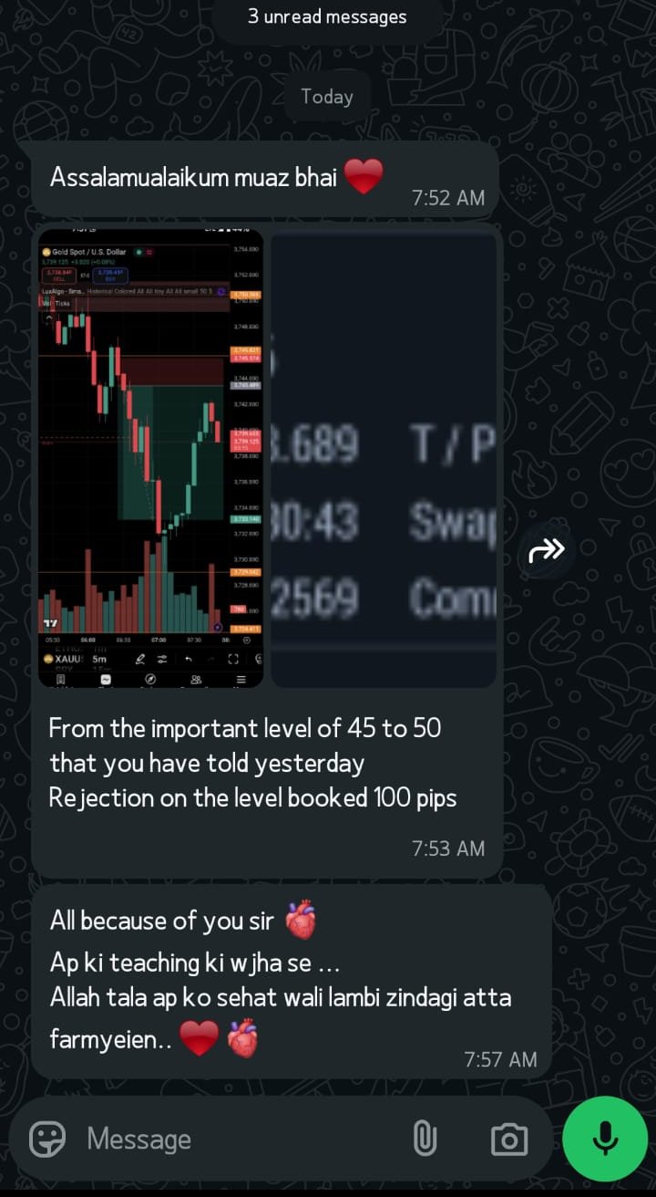 MuaazFX trading community feedback from a student — WhatsApp review 19 of the free forex and gold trading bootcamp