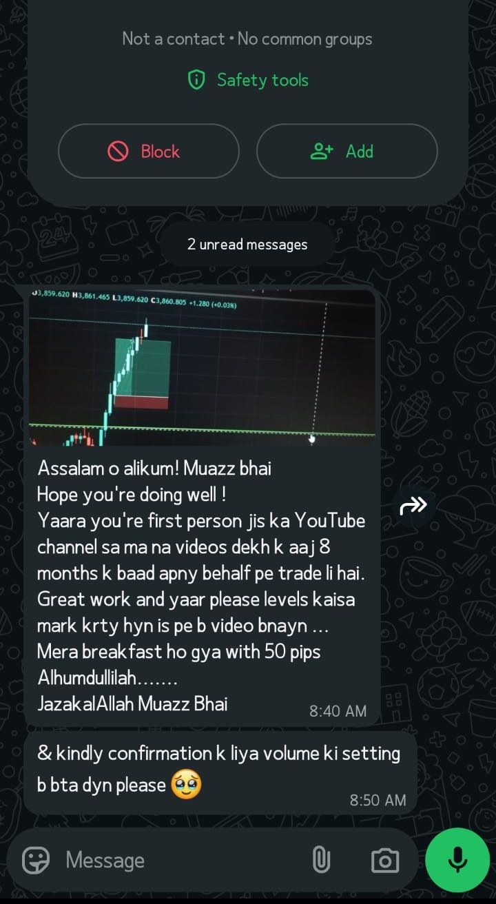 MuaazFX trading community feedback from a student — WhatsApp review 18 of the free forex and gold trading bootcamp